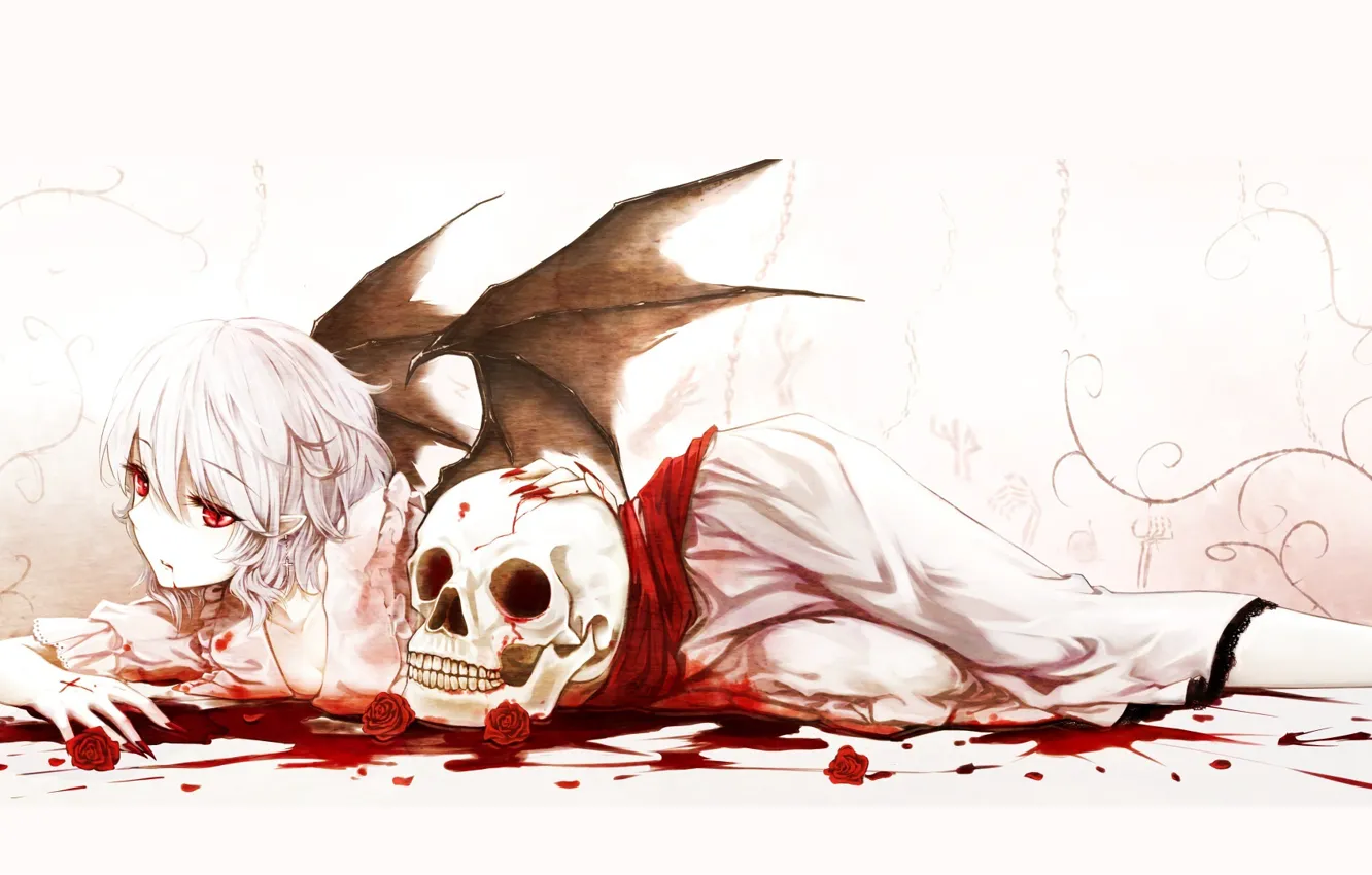 Photo wallpaper blood, skull, red eyes, touhou, vampire, black wings, Remilia Scarlet