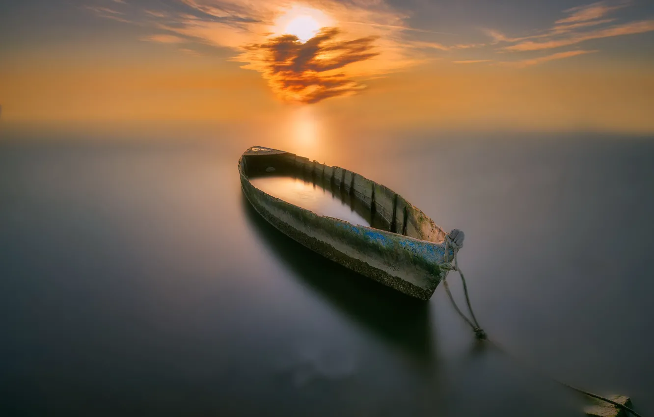 Photo wallpaper sea, sunset, boat