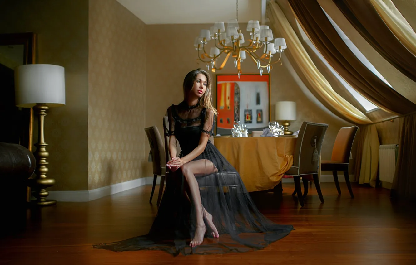 Photo wallpaper look, girl, pose, room, dress, Olga, Andrey Metelkov