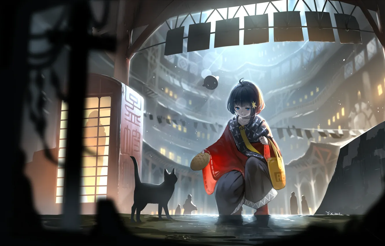 Photo wallpaper the city, street, people, girl, bag, art, roll, black cat