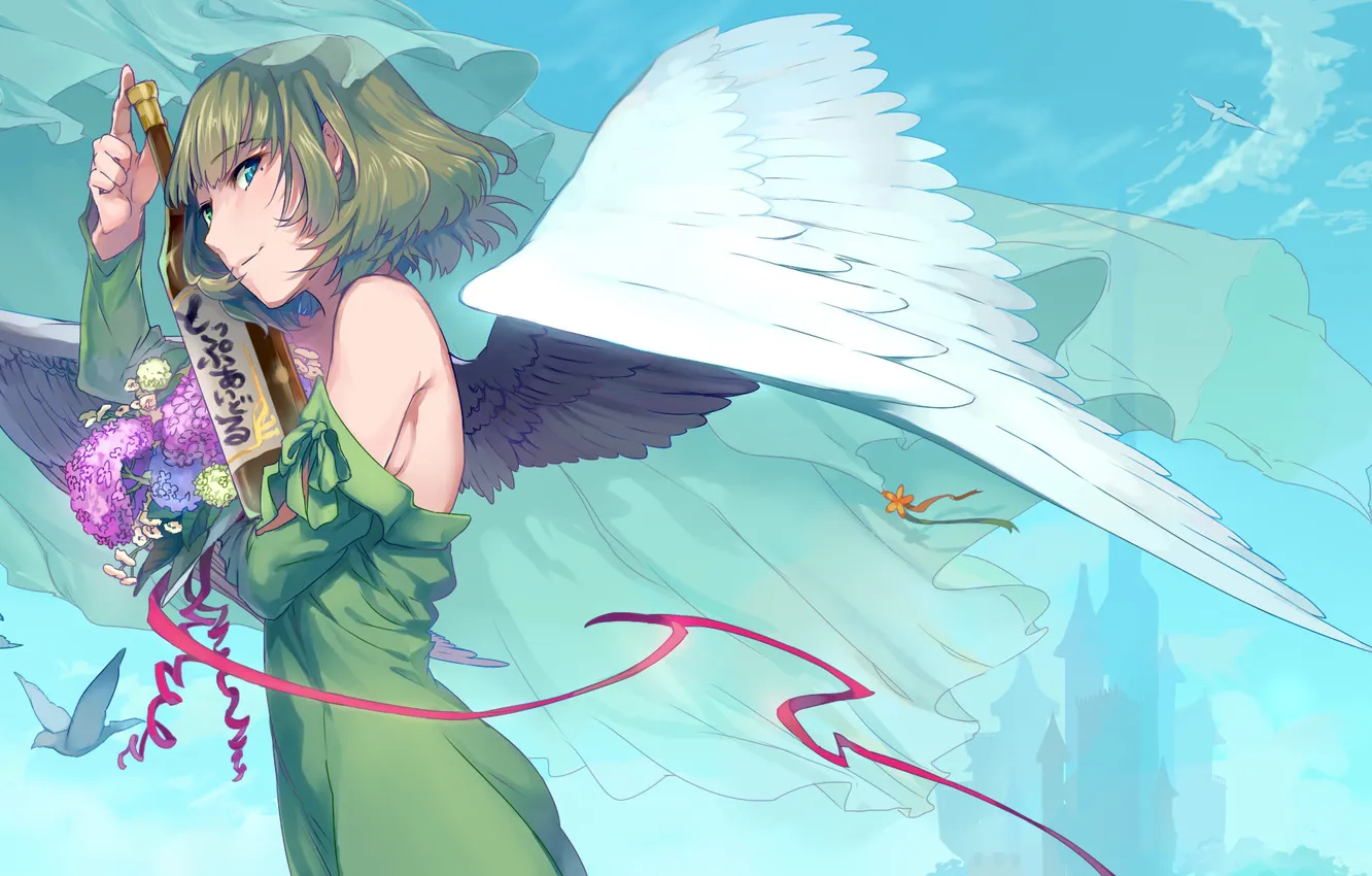 Photo wallpaper look, girl, smile, bird, wings, bouquet, drink, art