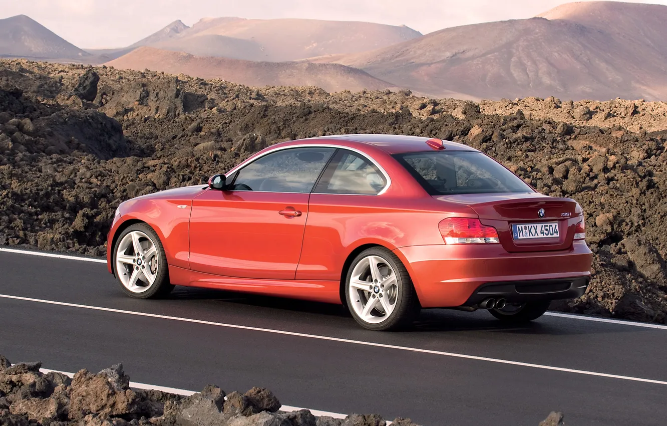 Photo wallpaper road, machine, auto, orange, BMW, BMW, day, side view