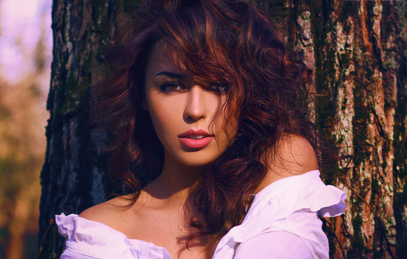 Photo wallpaper girl, trees, makeup, brunette