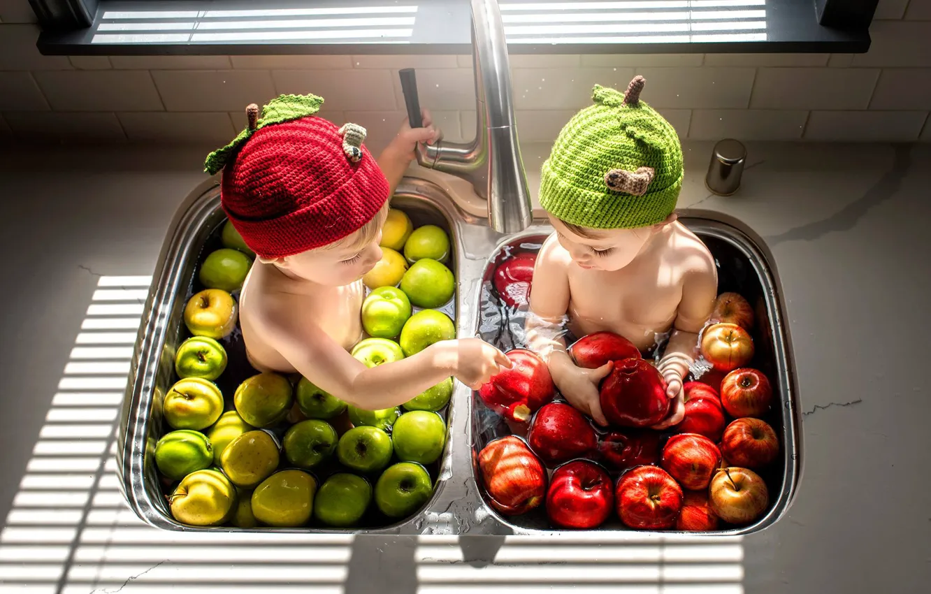 Photo wallpaper children, apples, boy, girl