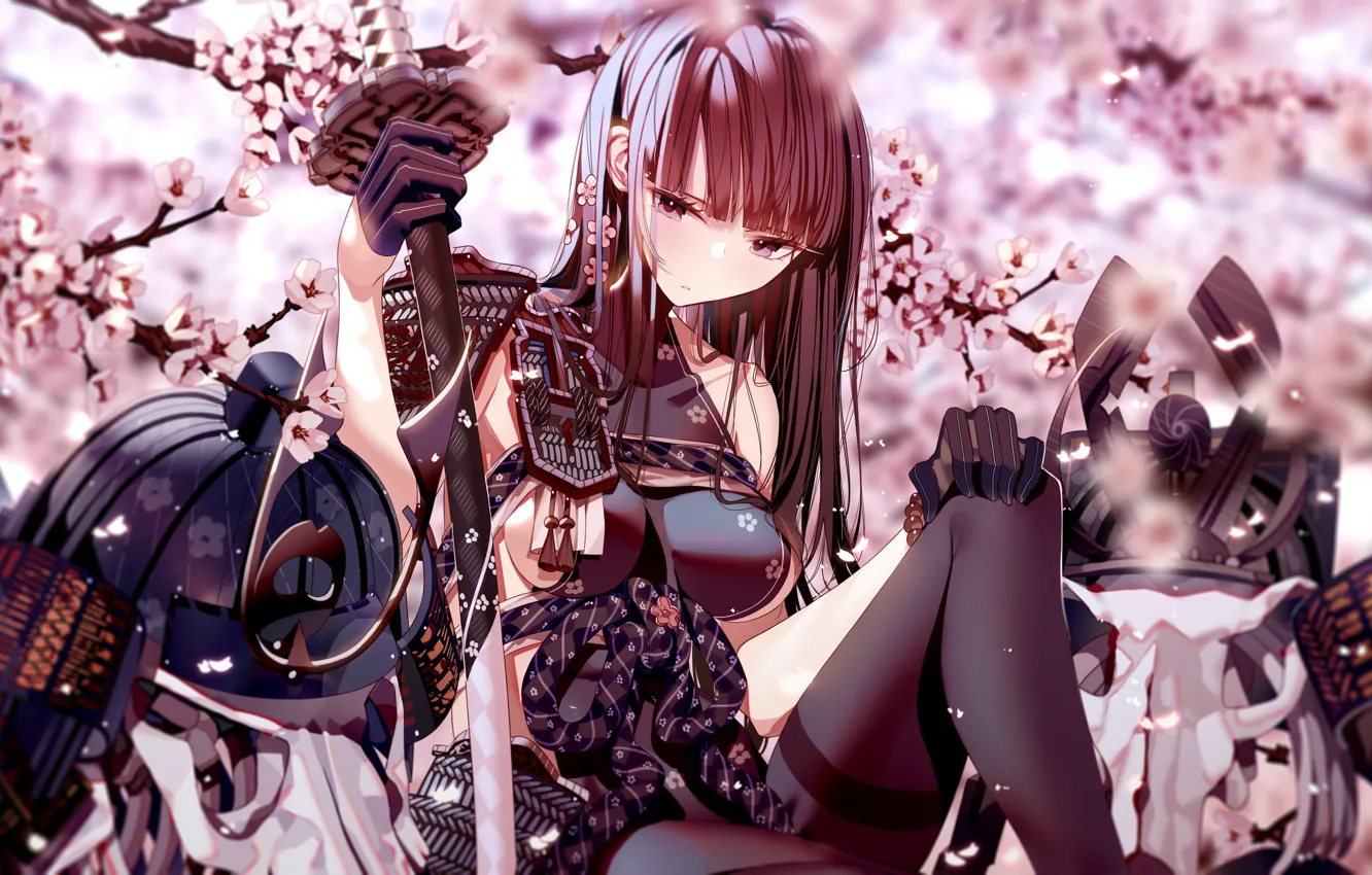 Photo wallpaper girl, sword, Sakura, helmet, flowering