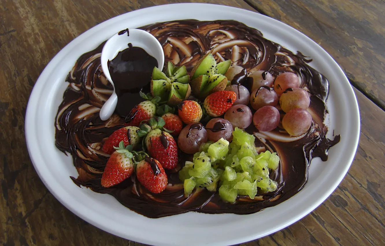 Photo wallpaper food, chocolate, kiwi, strawberry, grapes, dessert
