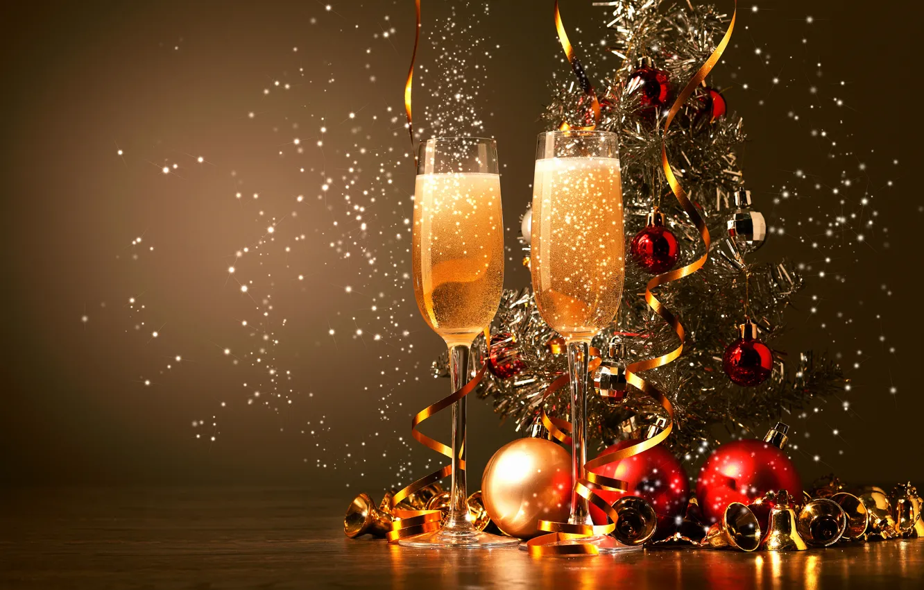 Photo wallpaper balls, glasses, drink, tinsel, champagne, bells, Christmas decorations