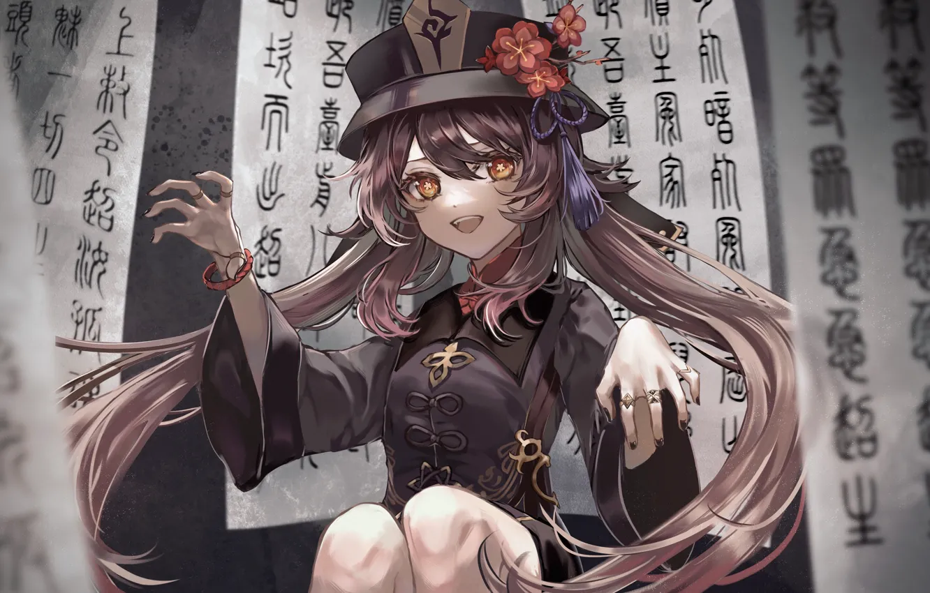 Photo wallpaper girl, flowers, characters, Genshin Impact, Hu Tao, cocona w