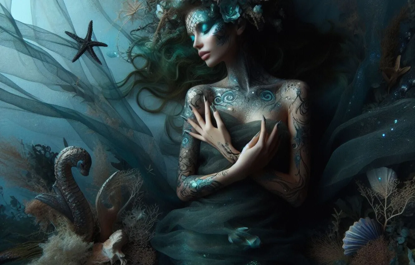 Photo wallpaper look, girl, face, pose, fantasy, mermaid, fantasy, AI art