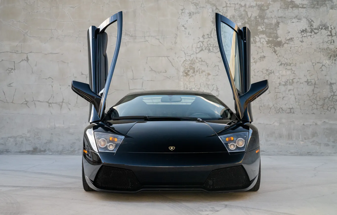 Photo wallpaper black, Lamborghini, Murcielago, the front, Lambo doors, Lamborghini Murcielago LP640