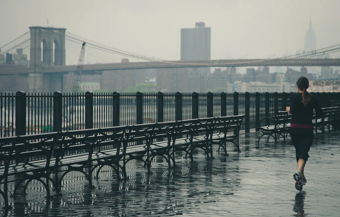 Photo wallpaper girl, bridge, city, the city, rain, New York, Brooklyn, USA