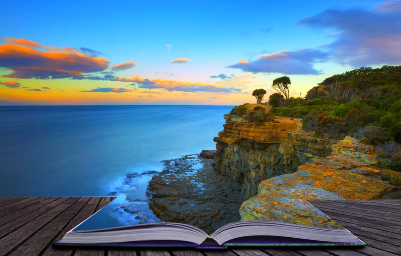 Photo wallpaper the sky, clouds, trees, landscape, sunset, nature, the ocean, rocks