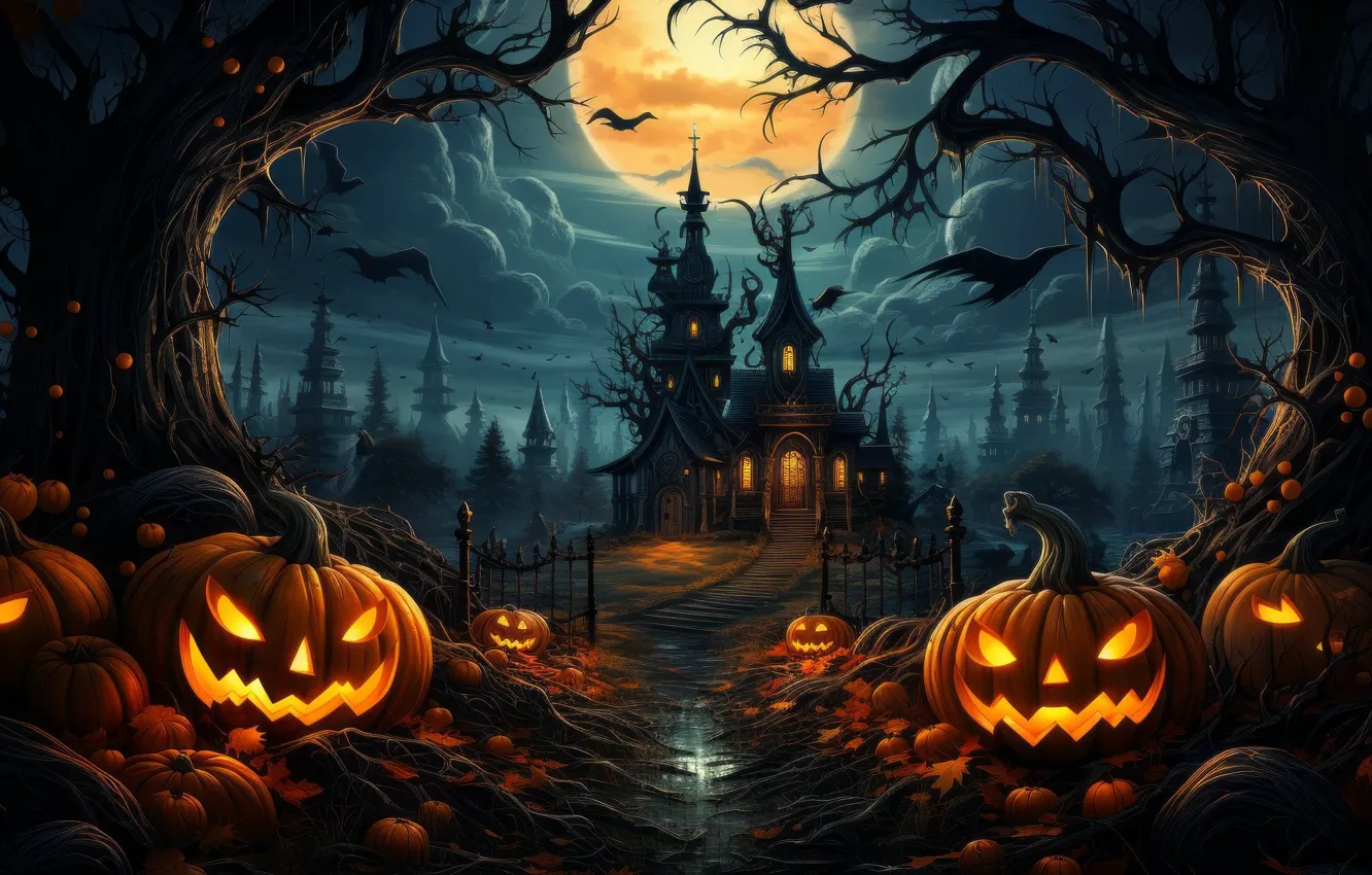 Photo wallpaper moon, Halloween, night, holiday, pumpkins