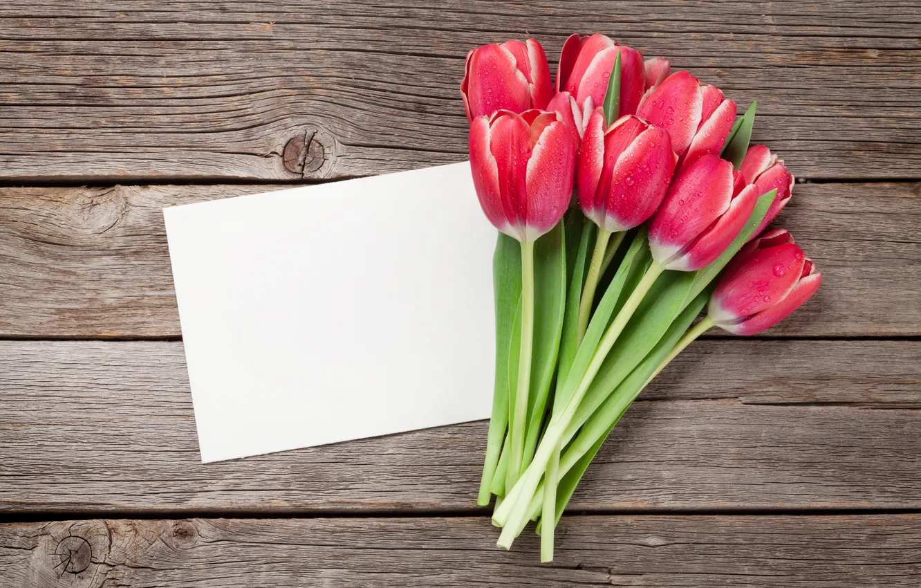 Photo wallpaper flowers, red, bouquet, tulips, red, wood, flowers, romantic