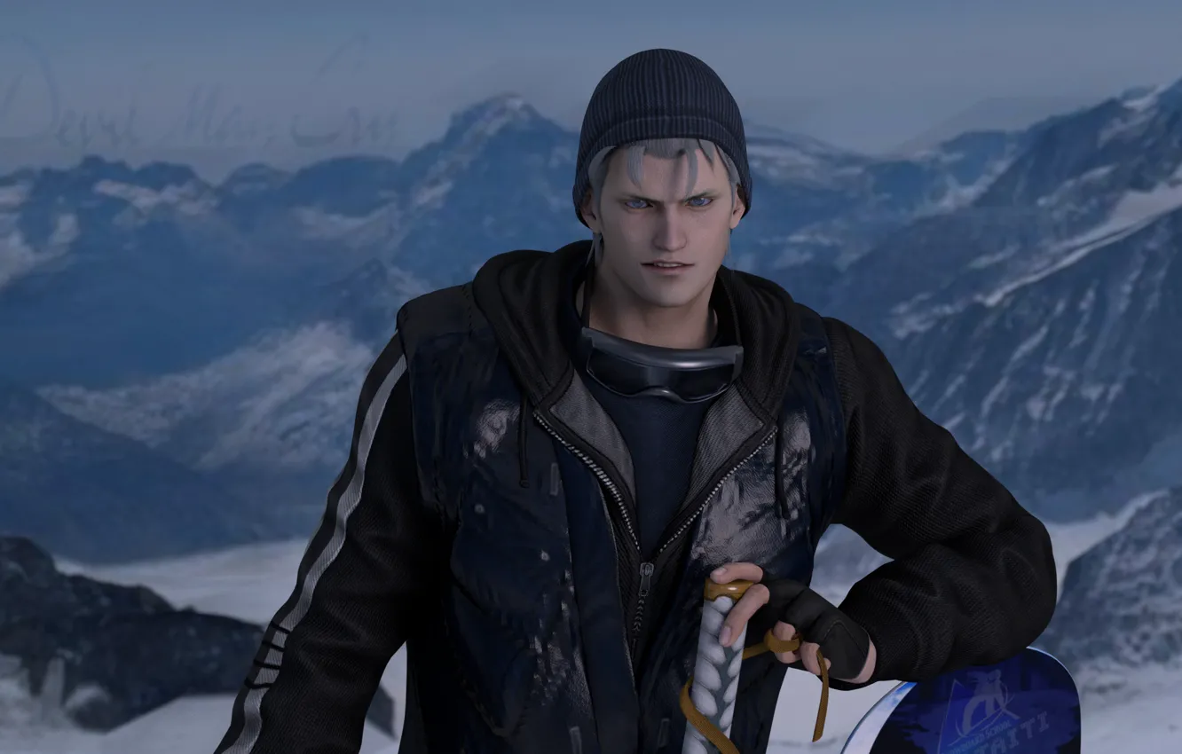 Photo wallpaper mountains, rendering, hat, sword, demon, male, guy, Devil May Cry