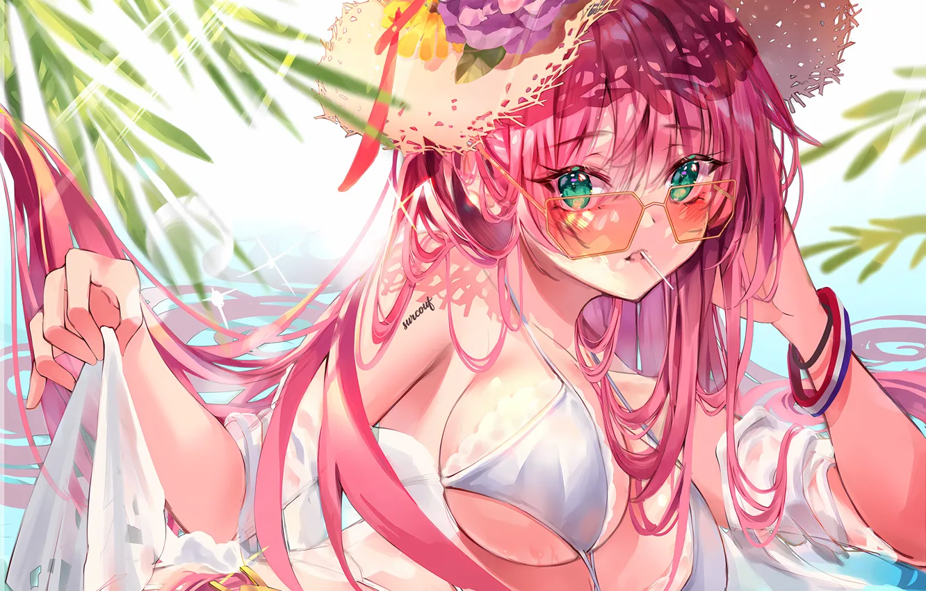 Photo wallpaper girl, sexy, wet, cleavage, pink hair, green eyes, long hair, boobs