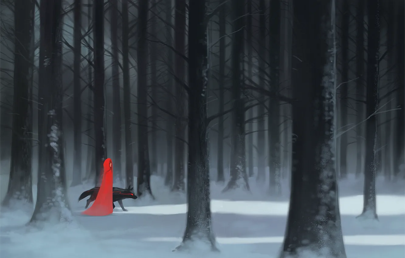 Photo wallpaper forest, girl, snow, trees, wolf, art, cloak