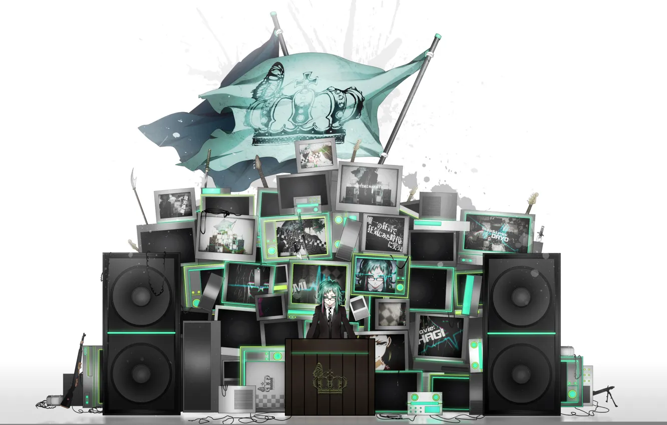 Photo wallpaper girl, weapons, wire, guitar, katana, anime, flag, art