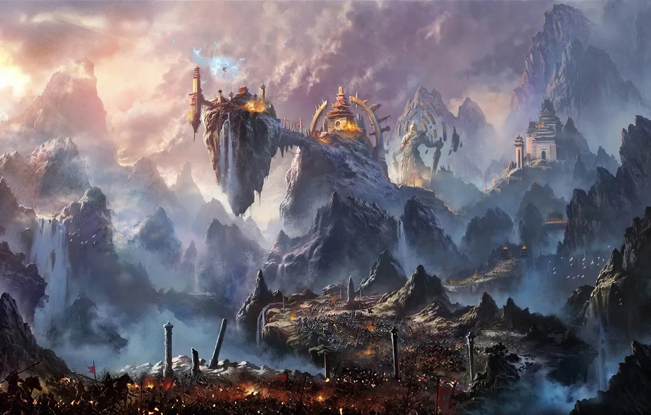 Photo wallpaper road, mountains, the city, rocks, waterfall, army, art, statue