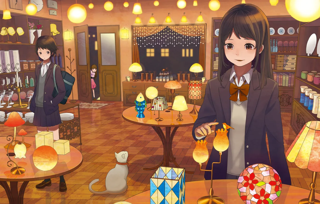 Photo wallpaper cat, look, girl, smile, room, lamp, interior, girl