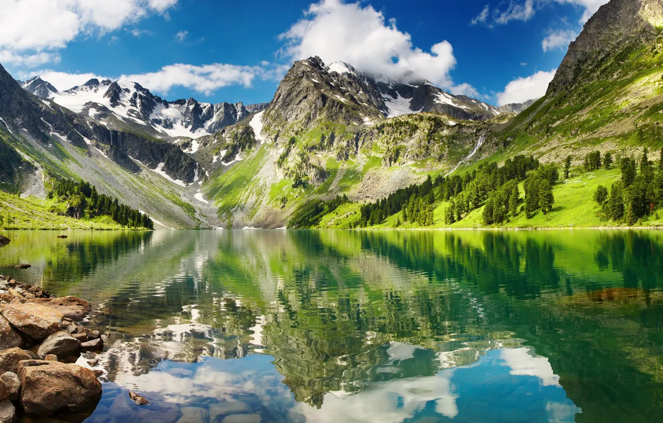 Photo wallpaper the sky, clouds, snow, mountains, lake, reflection, white, transparent