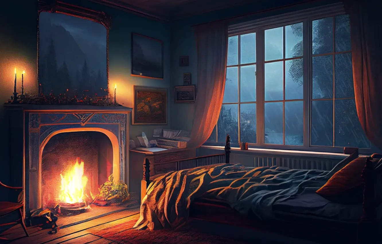 Photo wallpaper house, rain, bedroom, fireplace