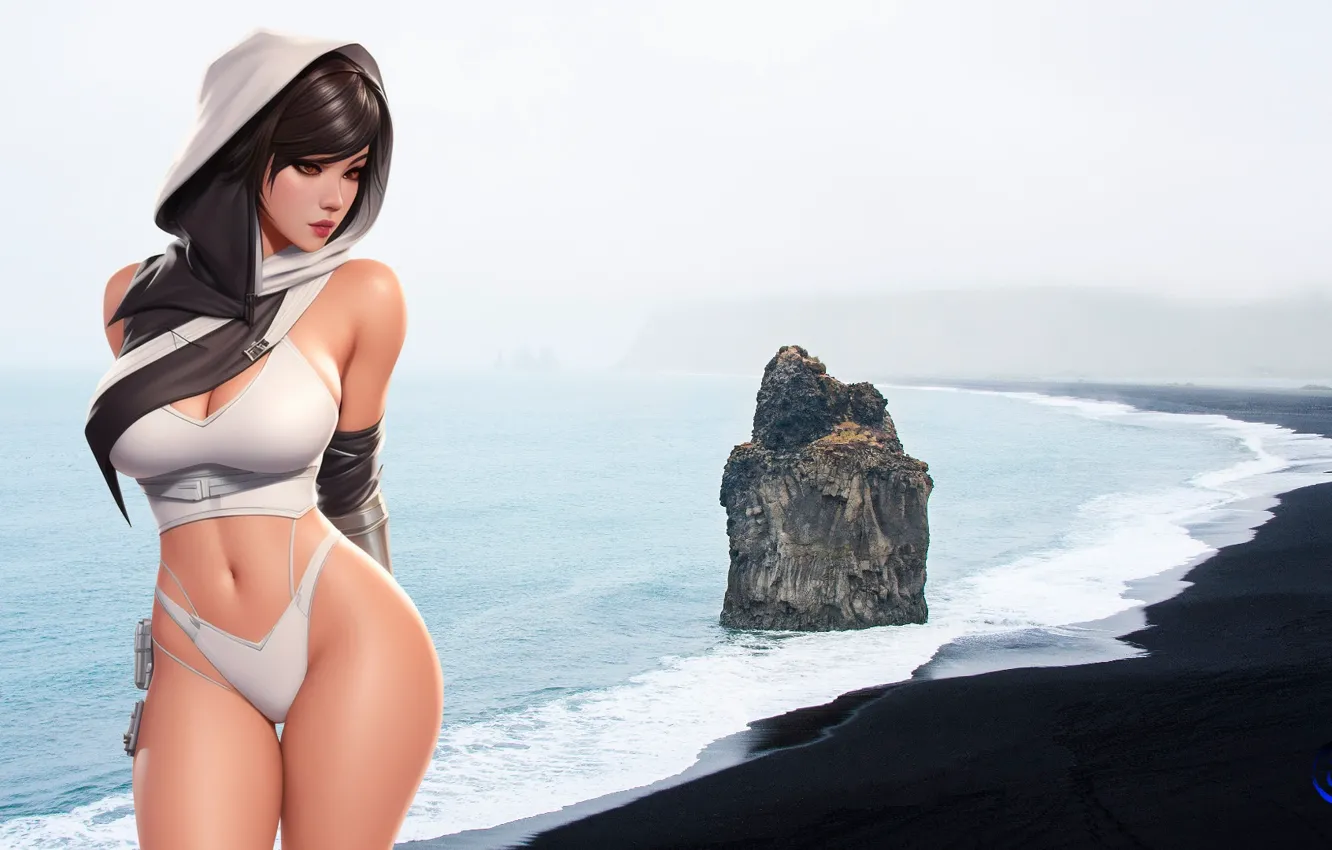 Photo wallpaper anime girls, bikini bridge, AI Art