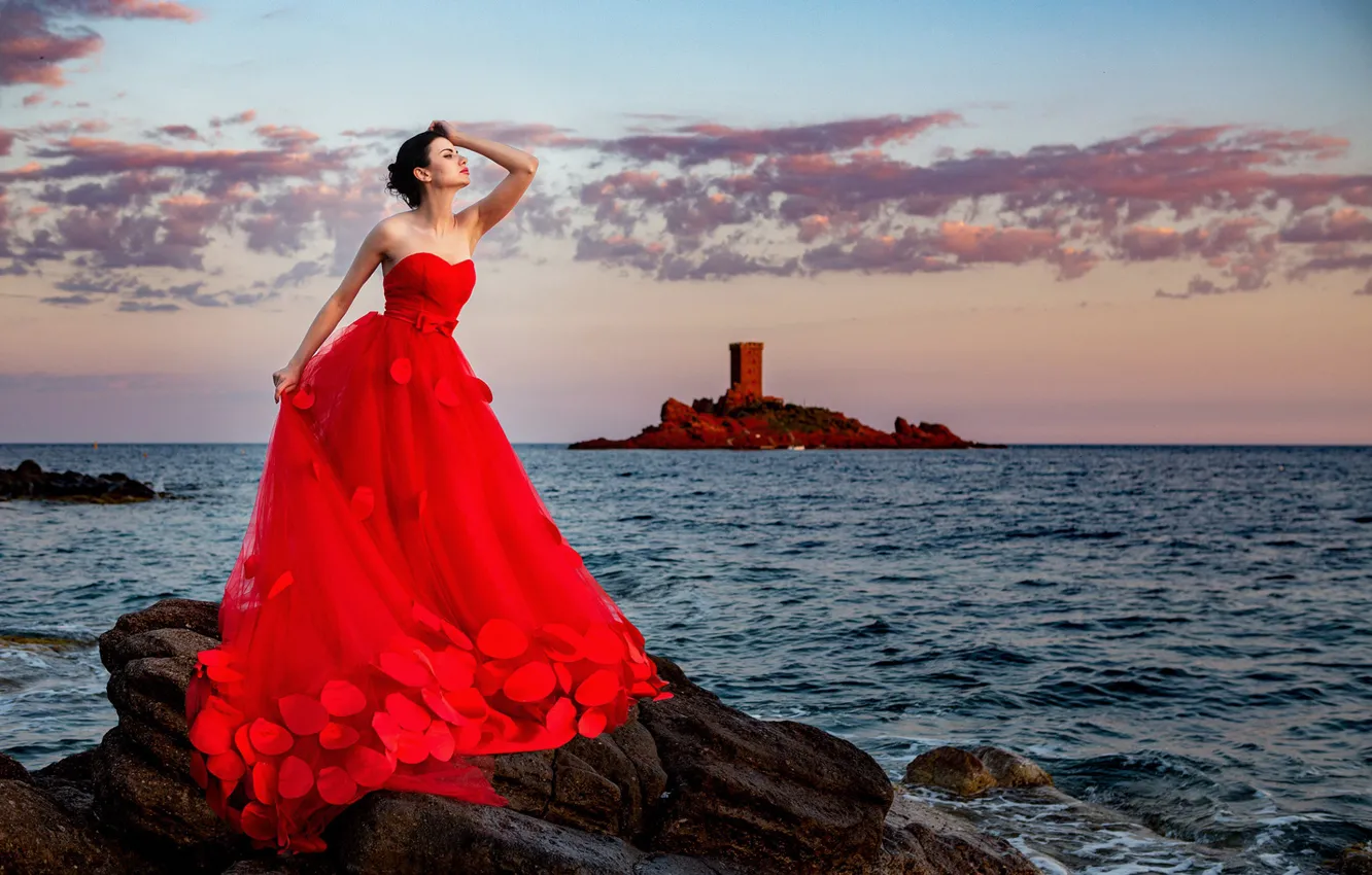 Photo wallpaper sea, the sky, look, girl, sunset, pose, style, dress