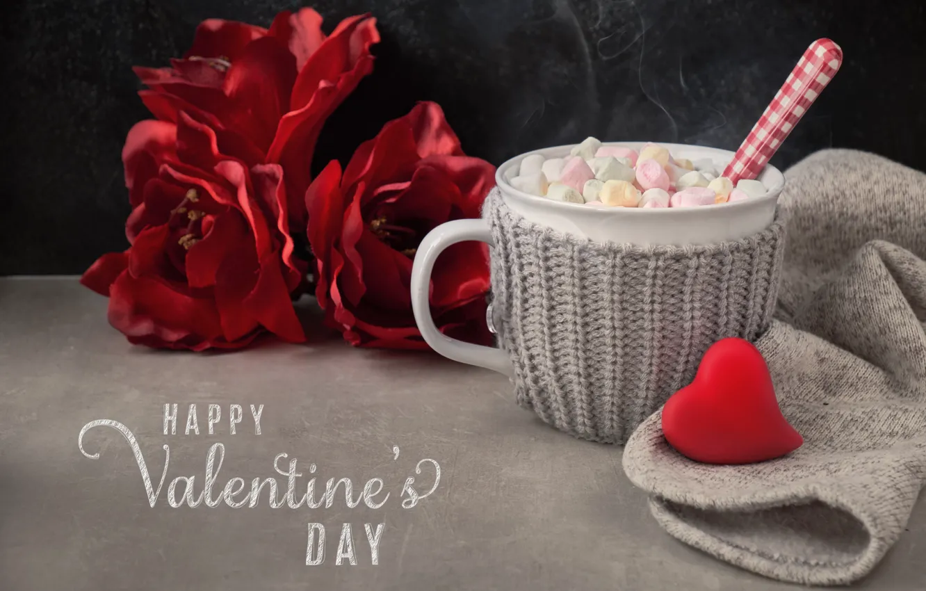 Photo wallpaper flowers, hot, chocolate, Cup, Valentine's day, marshmallows, Anya Ivanova