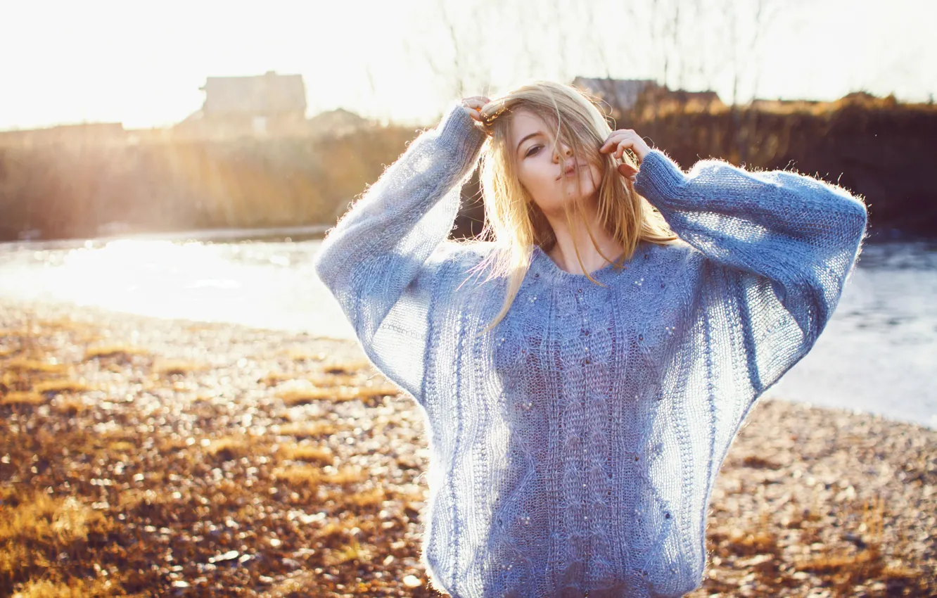 Photo wallpaper look, girl, sunset, pose, sweetheart, model, portrait, village