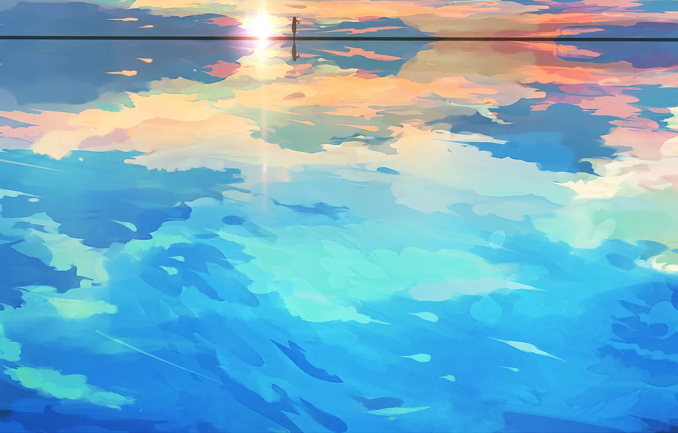 Photo wallpaper sea, the sky, girl, the sun, horizon