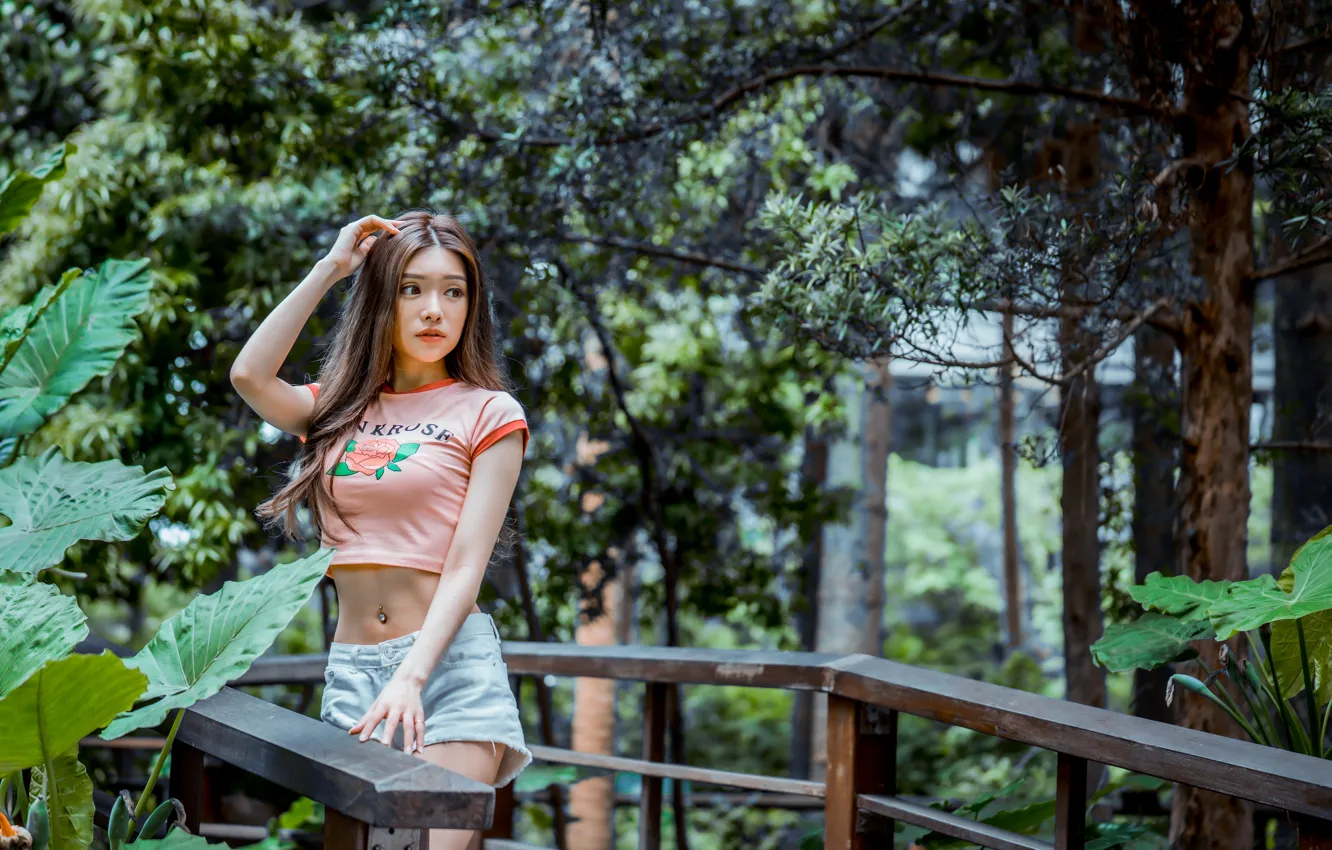 Photo wallpaper girl, shorts, t-shirt, Asian, cutie