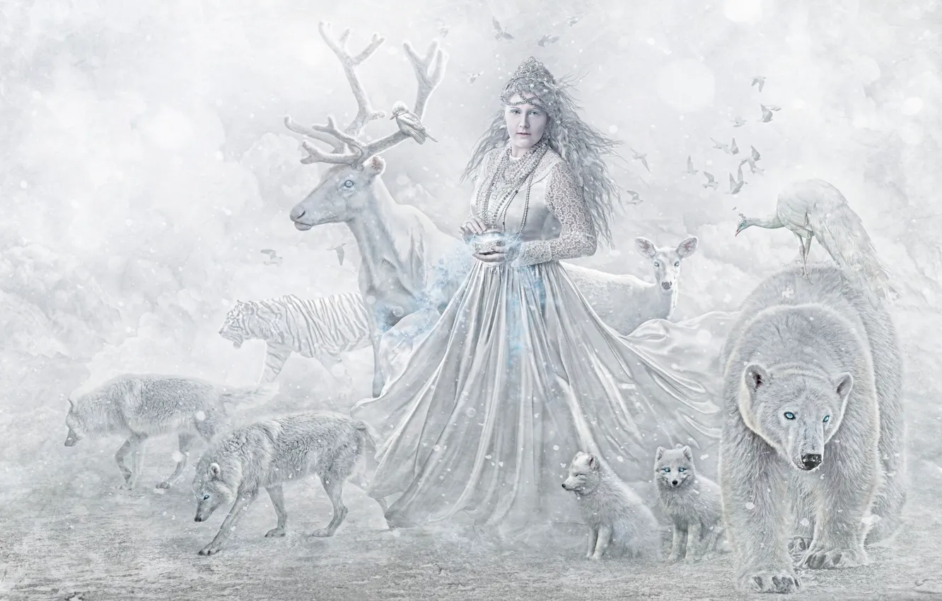 Photo wallpaper girl, animal, wolf, deer, bear, beast
