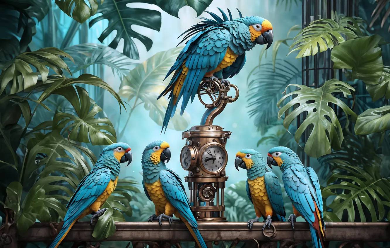 Photo wallpaper leaves, fog, tropics, table, blue, devices, fantasy, parrot