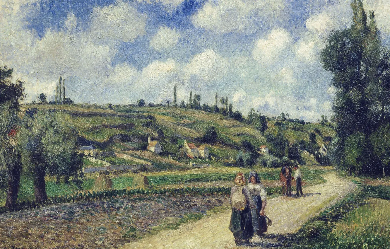Photo wallpaper road, people, hills, picture, Camille Pissarro, Landscape near PONTOISE. Overs Road