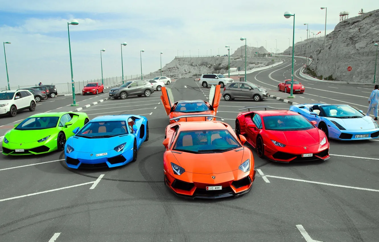 Photo wallpaper Lamborghini, Parking, Gallardo, supercars, Aventador, Huracan