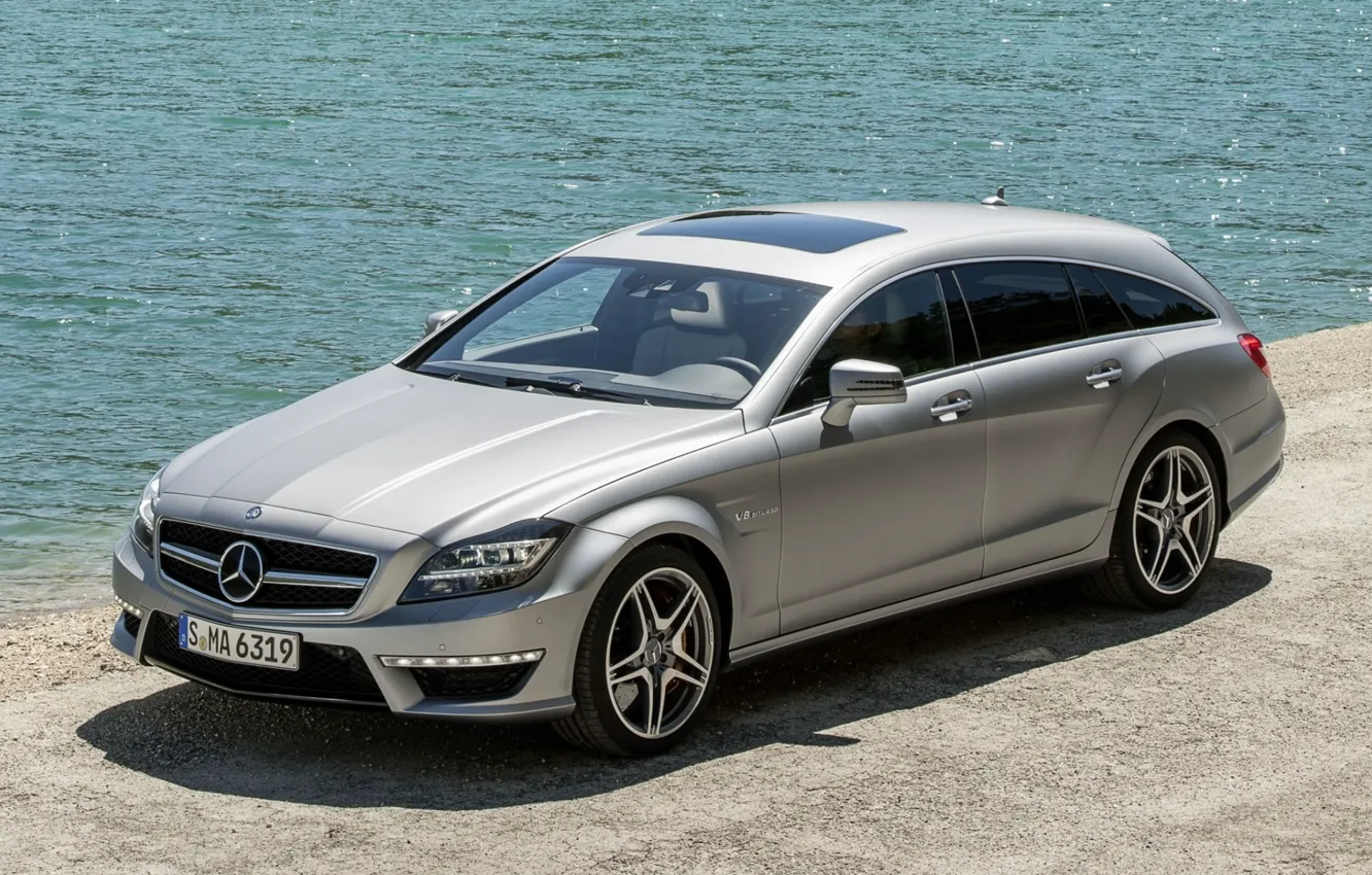 Photo wallpaper water, shore, Mercedes-Benz, CLS, silver, AMG, the front, universal