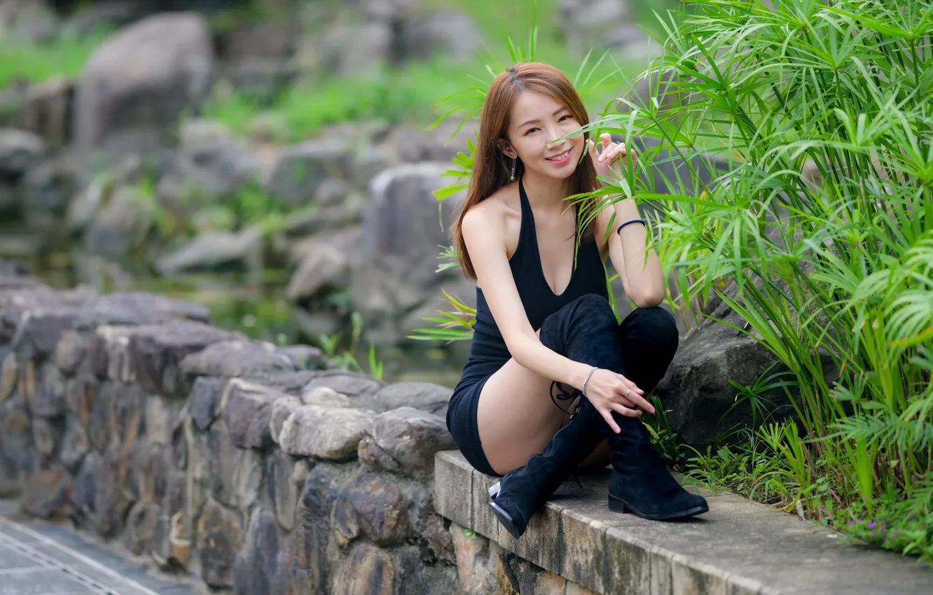 Photo wallpaper look, pose, stones, model, boots, makeup, dress, hairstyle