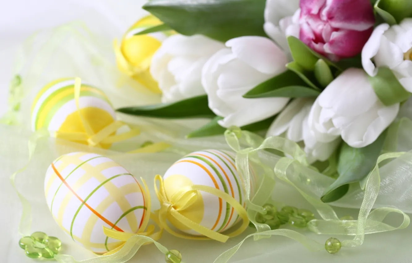 Photo wallpaper flowers, tape, egg, eggs, Easter, ribbons