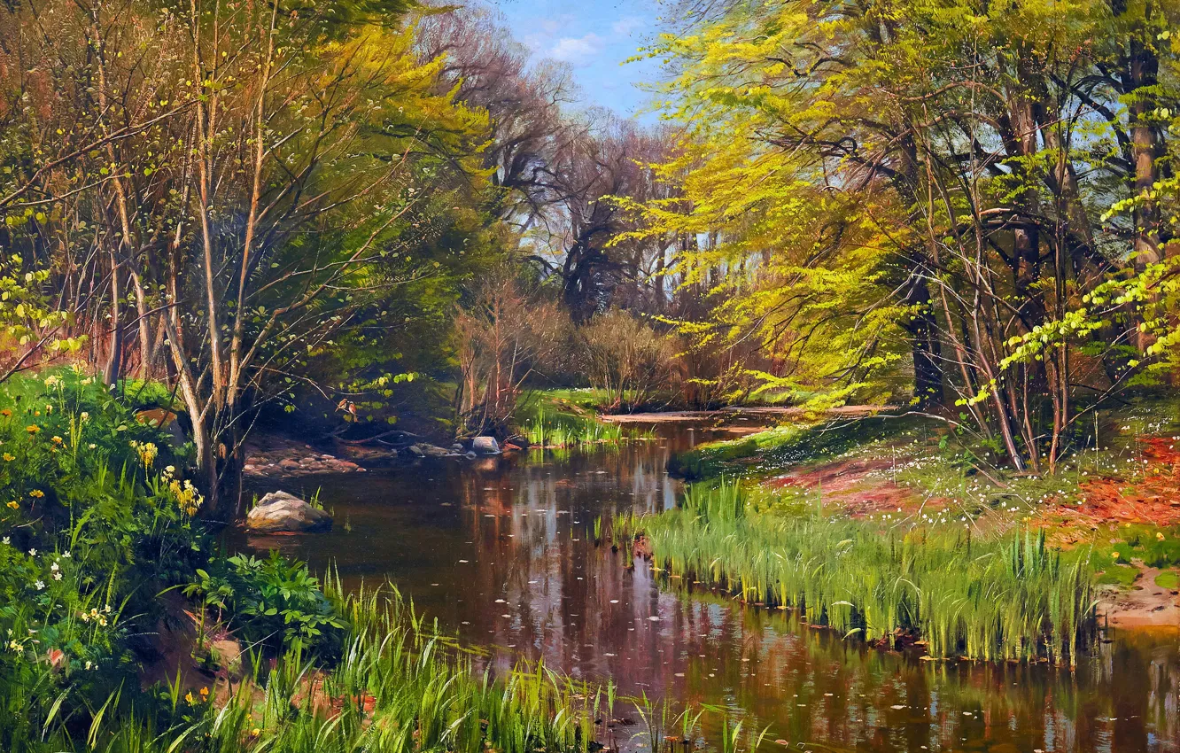 Photo wallpaper trees, stream, picture, Peder Mork Monsted, Danish painter, Peter Merk Of Menstad, Peder Mørk Mønsted, …