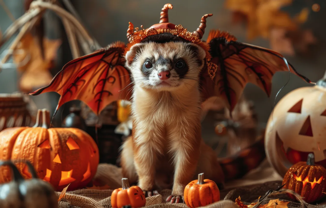 Photo wallpaper Halloween, neural network, look, holiday, AI art, ferret, autumn, the scenery
