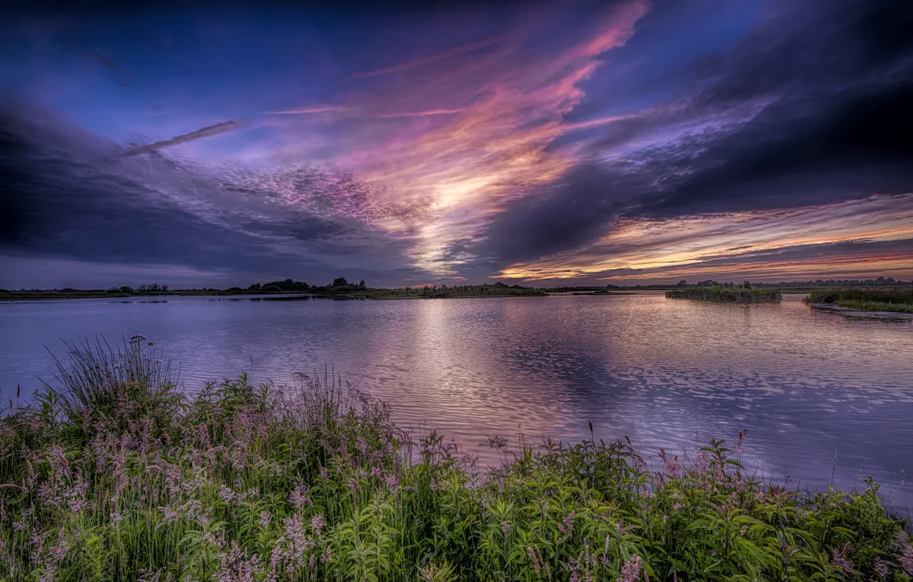 Photo wallpaper the sky, grass, sunset, river, shore, the evening, glow