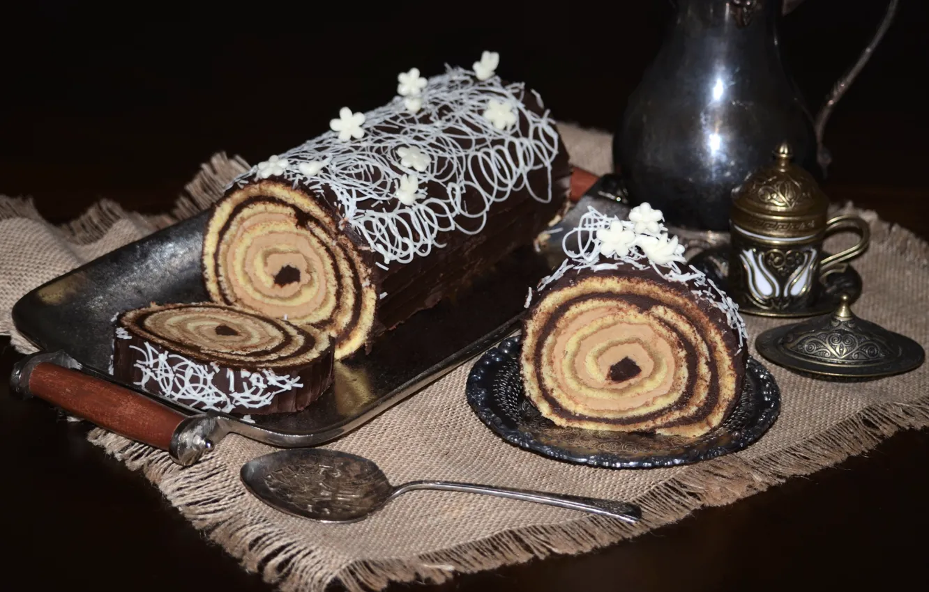 Photo wallpaper dishes, cream, dessert, chocolate, roll