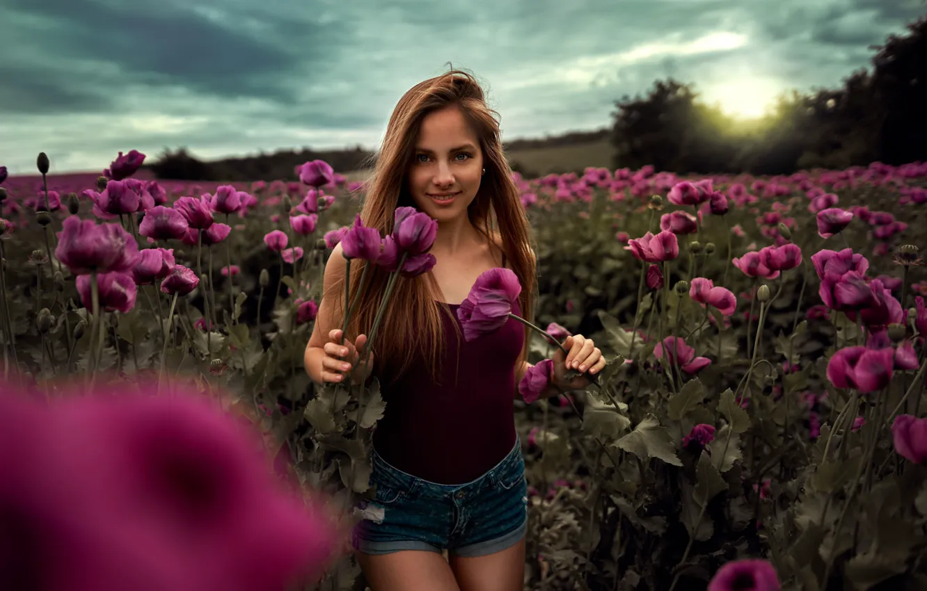 Photo wallpaper field, look, flowers, smile, model, shorts, portrait, makeup