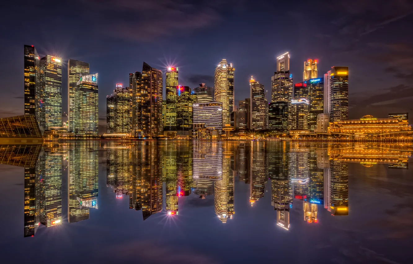 Photo wallpaper night, lights, reflection, coast, skyscrapers, Bay, Singapore
