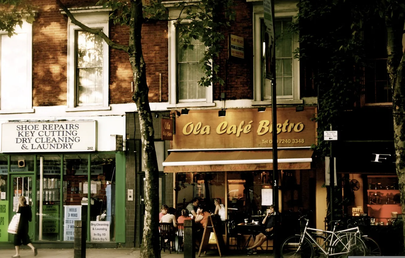 Photo wallpaper trees, bike, street, trees, shop, street, bikes, shops