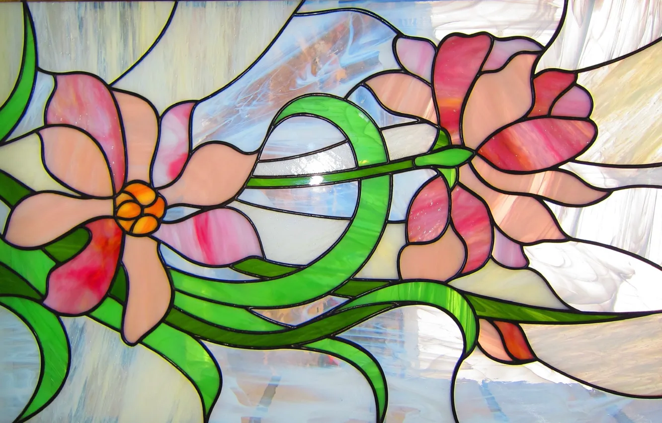 Photo wallpaper glare, texture, floral pattern, stained glass, the reflection of light, sparkle glass, the play of …