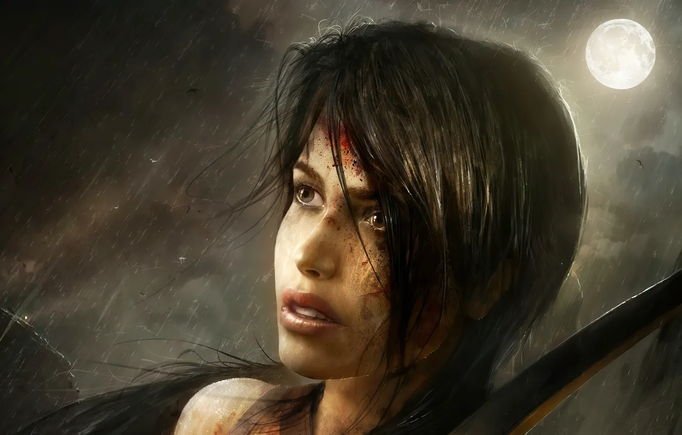 Photo wallpaper girl, face, rain, Tomb Raider, Lara Croft, Tomb raider