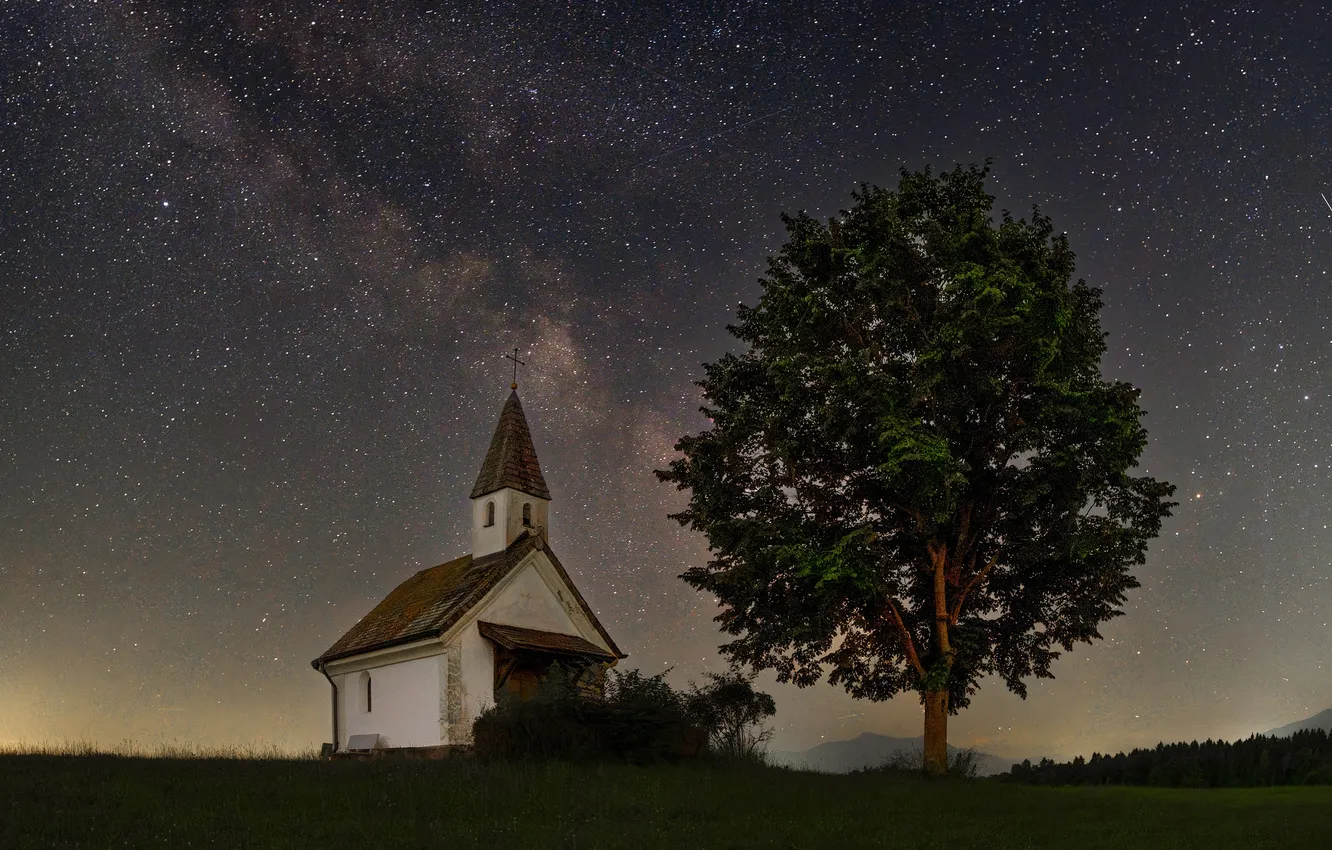 Photo wallpaper field, the sky, stars, trees, night, Church, the milky way