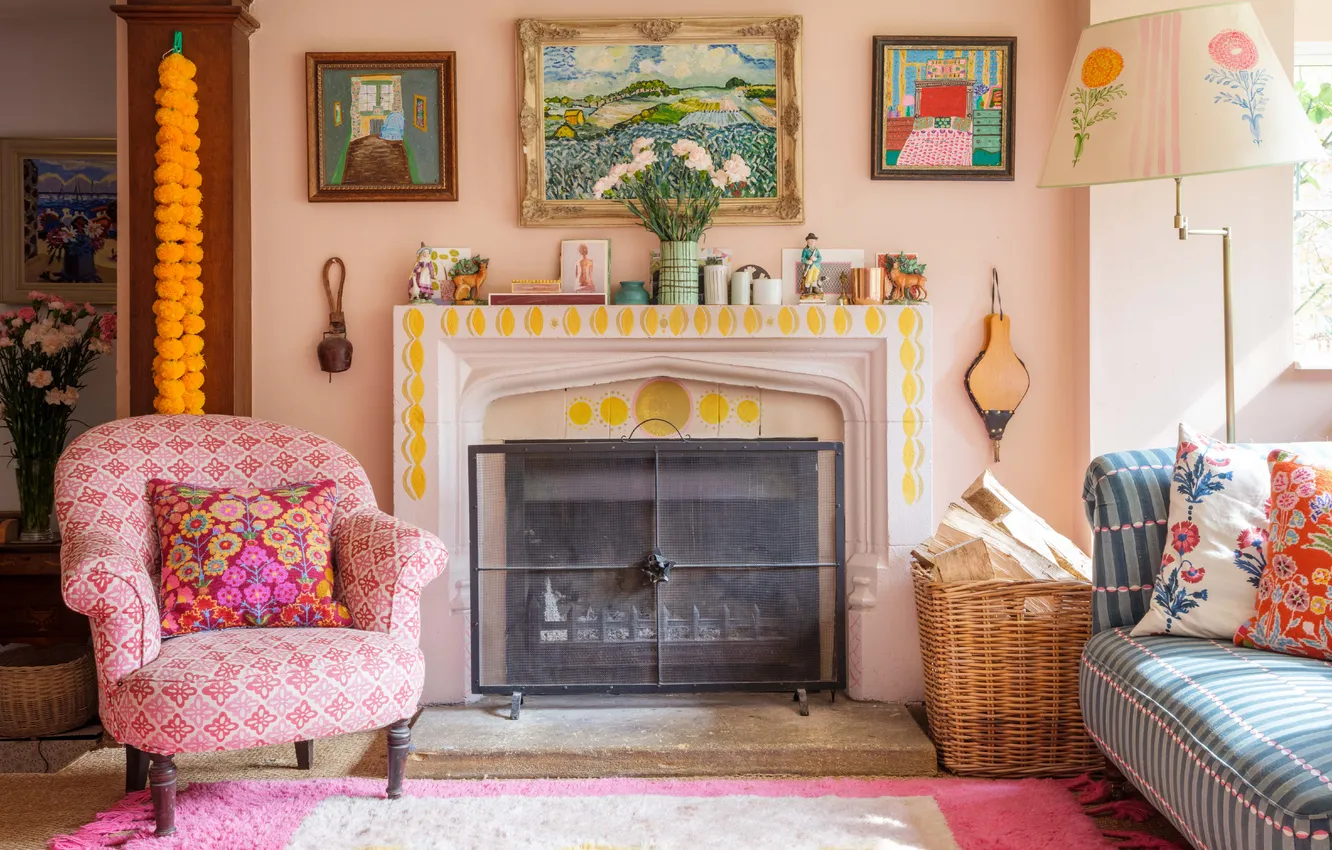 Photo wallpaper Cozy living room, style, interior, sofa, chair, fireplace, design